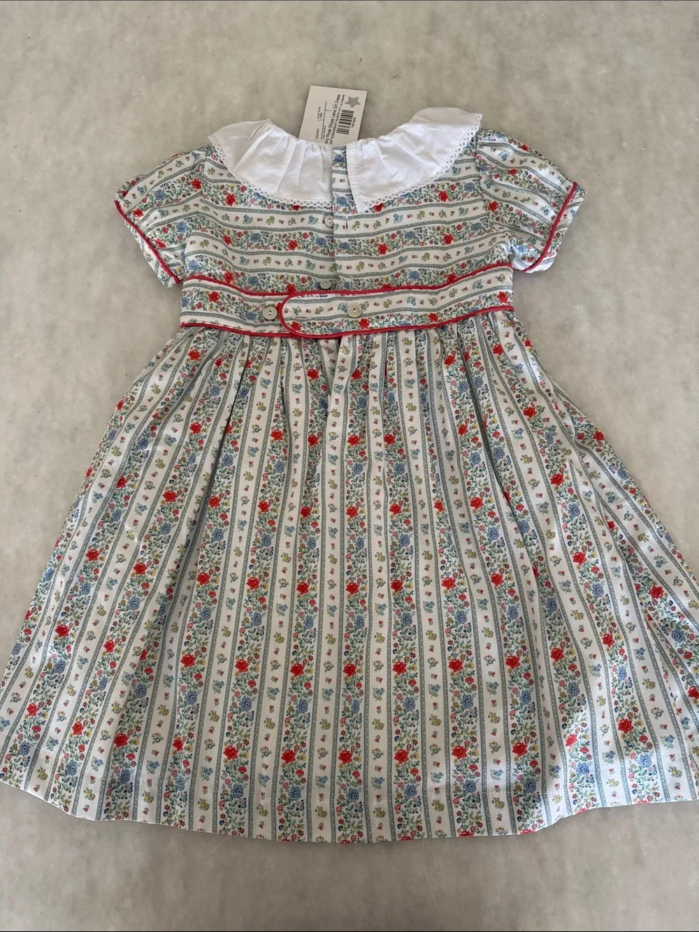 Girls' Floral Stripe Dress with Peter Pan Collar - White & Red